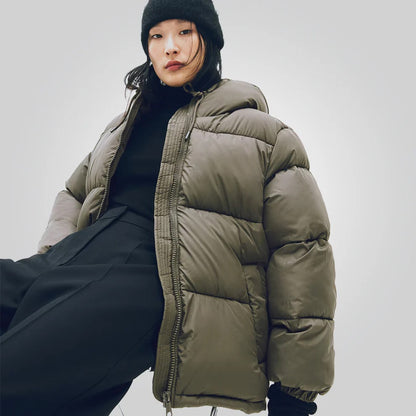 Dark Khaki Hooded Puffer Jacket for Women