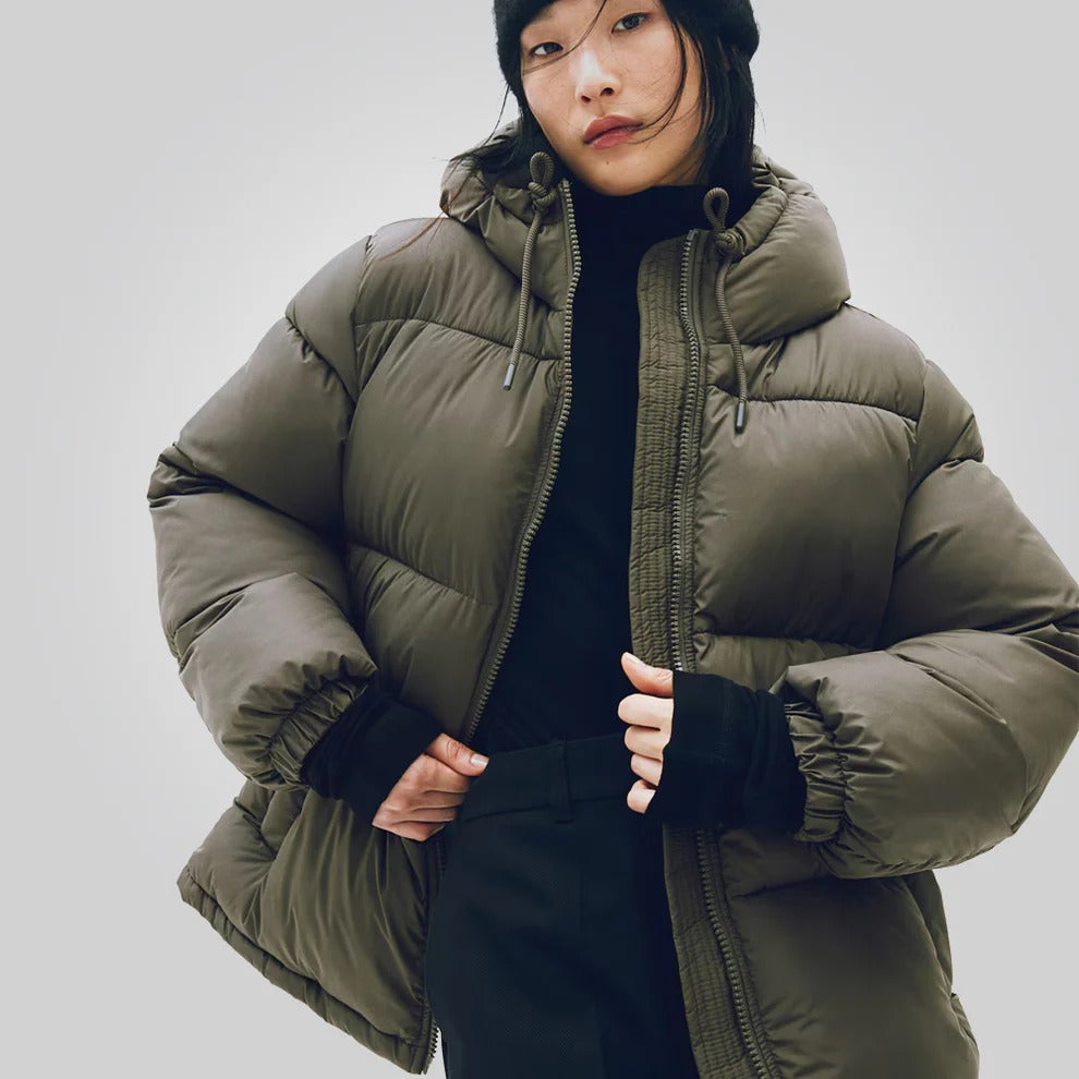 Dark Khaki Hooded Puffer Jacket for Women