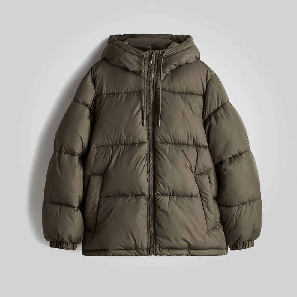 Dark Khaki Hooded Puffer Jacket for Women