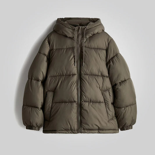 Dark Khaki Hooded Puffer Jacket for Women