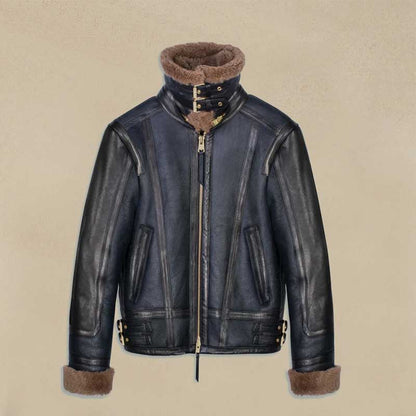 Double Collar Sheepskin Leather Aviator B3 Bomber Jacket