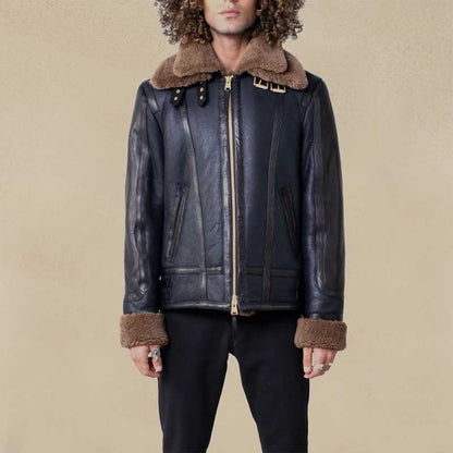 Double Collar Sheepskin Leather Aviator B3 Bomber Jacket