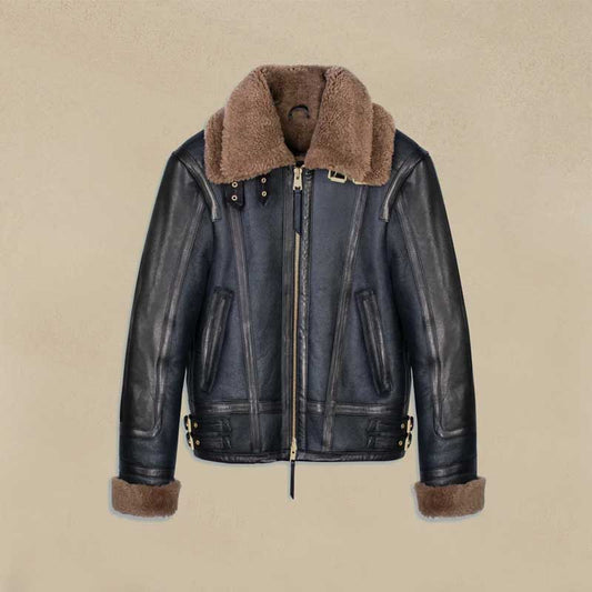 Double Collar Sheepskin Leather Aviator B3 Bomber Jacket