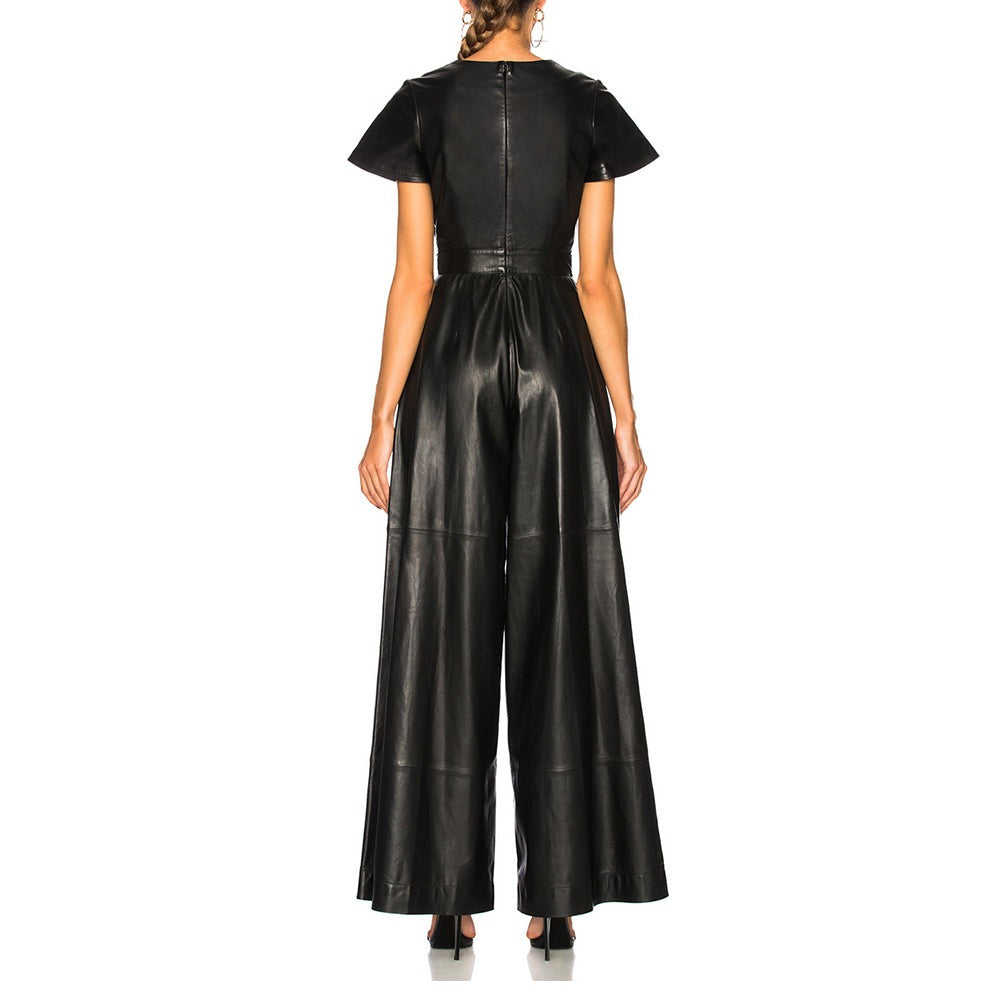 Front Open Leather Jumpsuit for Women with Wide Legs
