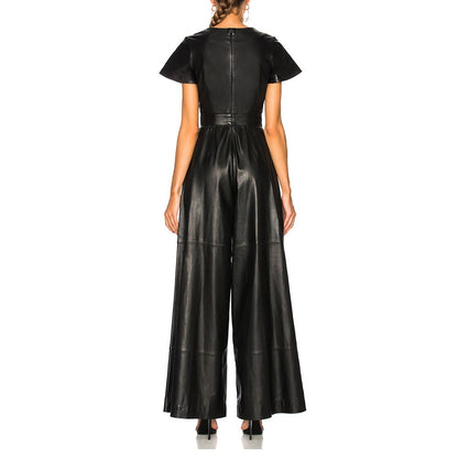 Front Open Leather Jumpsuit for Women with Wide Legs