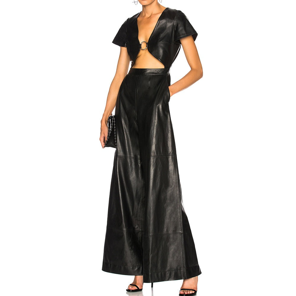 Front Open Leather Jumpsuit for Women with Wide Legs