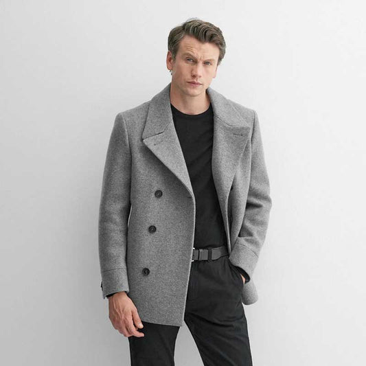 Grey Double Breasted Wool Navy Peacoat for Men