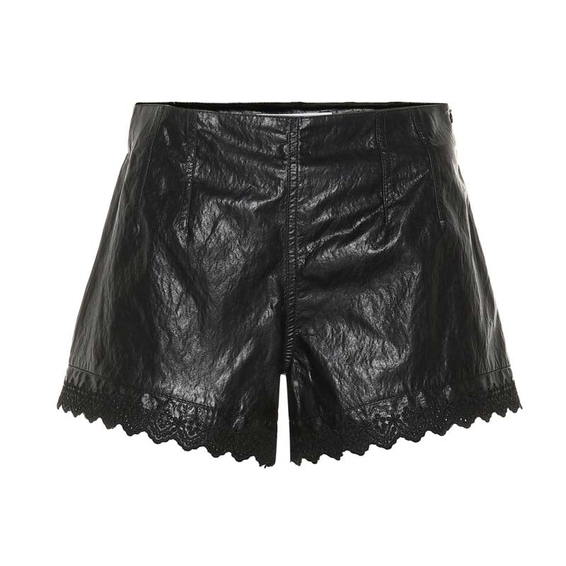 Women's Lambskin Leather Shorts with Lace Hem High Waist Design