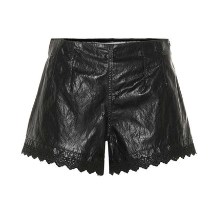 Women's Lambskin Leather Shorts with Lace Hem High Waist Design