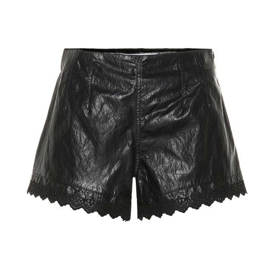 Women's Lambskin Leather Shorts with Lace Hem High Waist Design