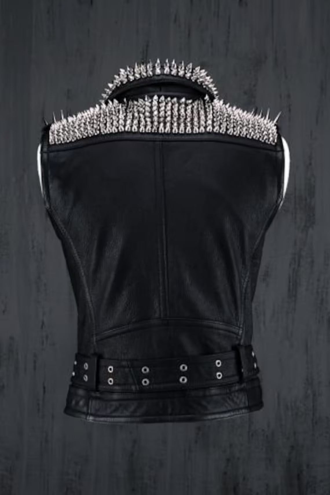 Handmade Men's Black Punk Silver Spiked Studded Leather Vest - Rebel Chic