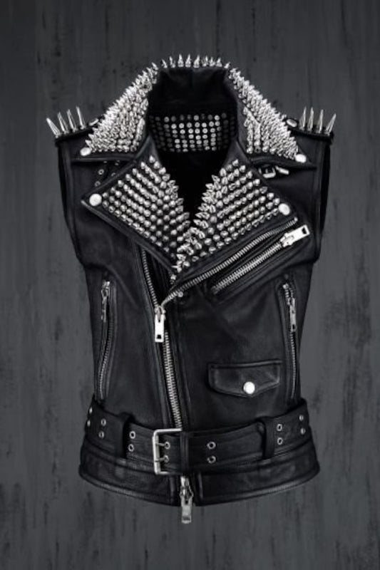 Handmade Men's Black Punk Silver Spiked Studded Leather Vest - Rebel Chic