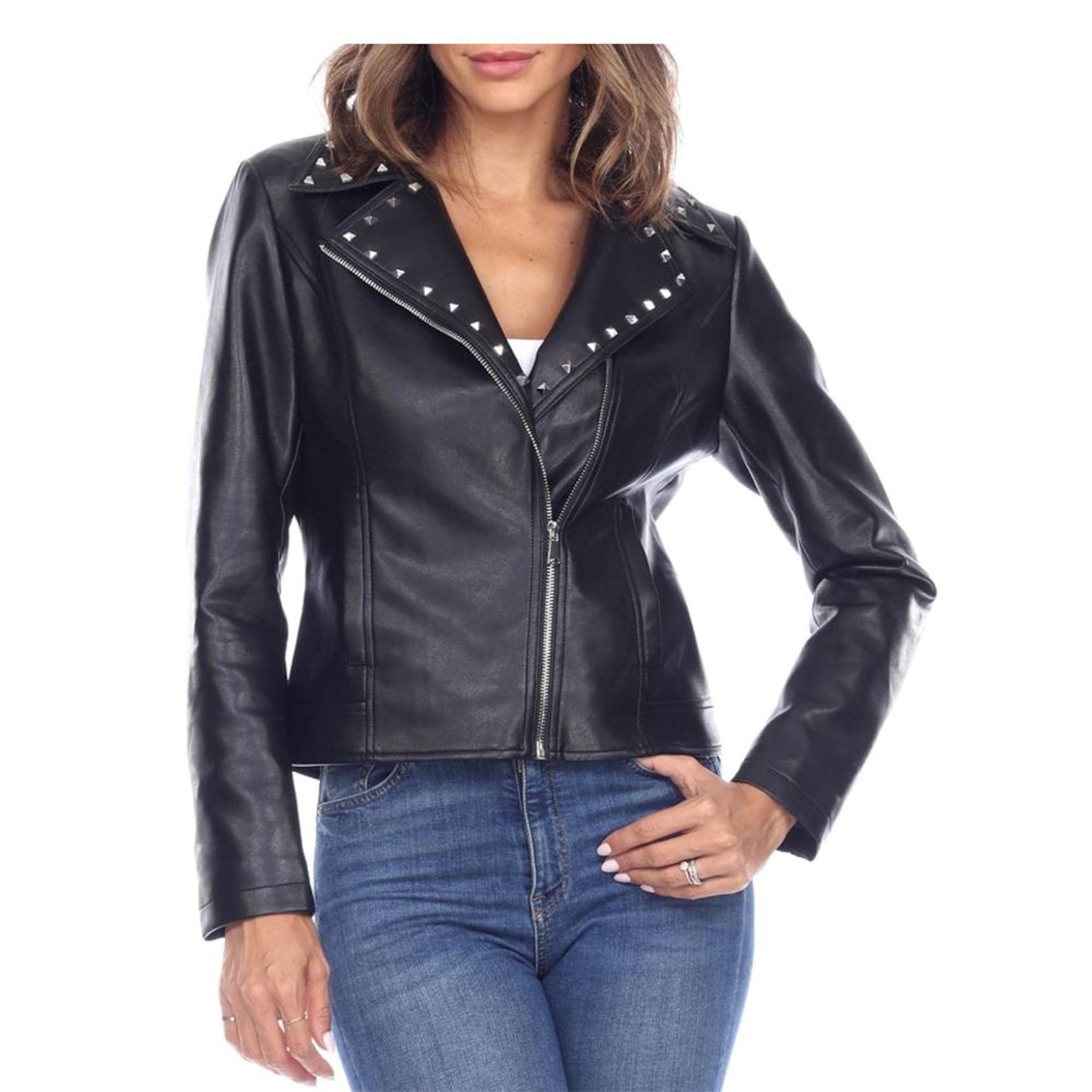 Women’s Handcrafted Biker Sheep Leather Jacket – Metal Rivet Detailing & Premium Finish