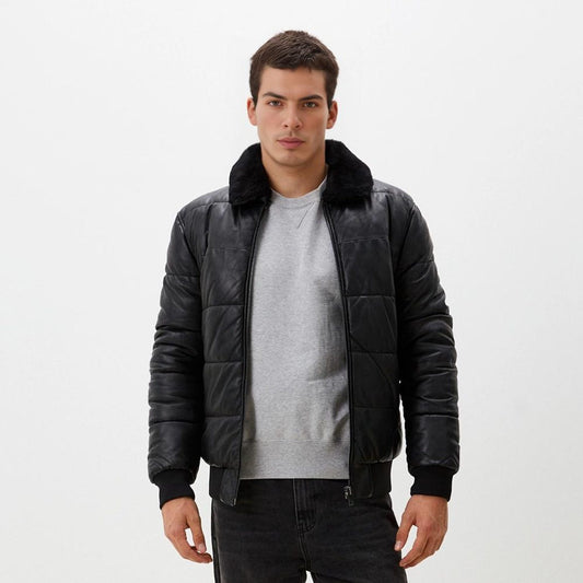 Men’s Black Leather Jacket – Real Fur Collar Quilted Sheepskin Winter Outerwear