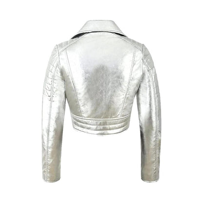 Women’s Metallic Silver Modern Biker Leather Jacket – Luxury Party Outerwear