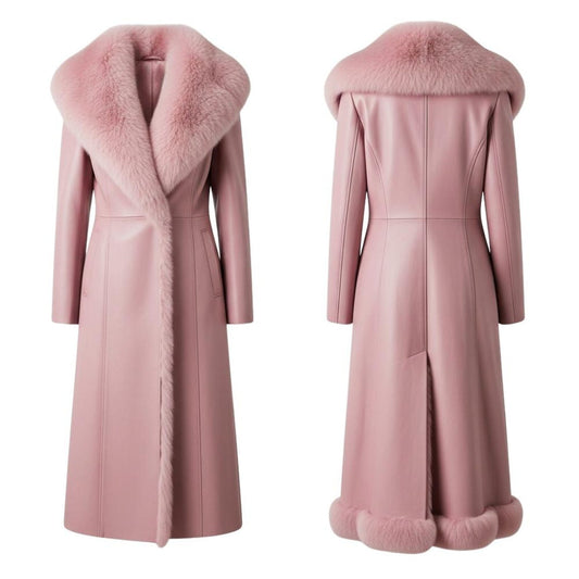 Pink Leather Long Coat – Fur Collar Winter Luxury