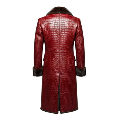 Men’s Crocodile Embossed Leather Trench Coat – Full-Length Gothic Outerwear
