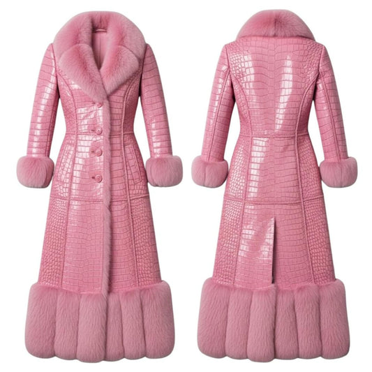 Pink Crocodile Embossed Leather Long Coat – Faux Fur Collar Elegant Winter Outerwear