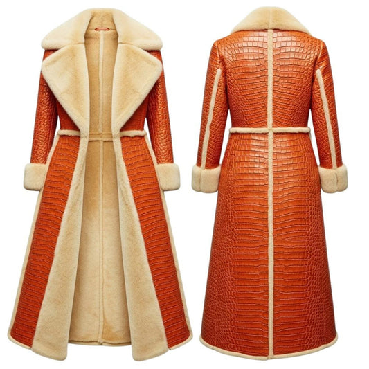 Orange Crocodile Embossed Leather Long Coat – Luxury Fur Lined Winter Fashion