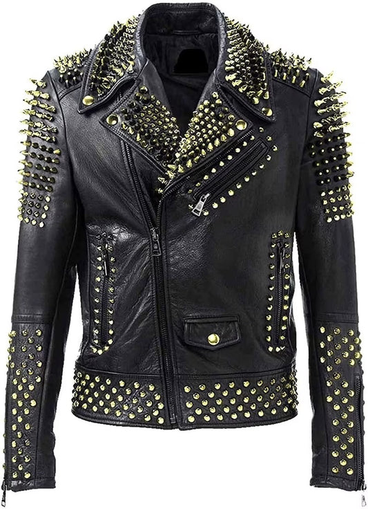 Men's Golden Biker Brando Punk Full Black Gold Studded Leather Jacket - Rock Star Style