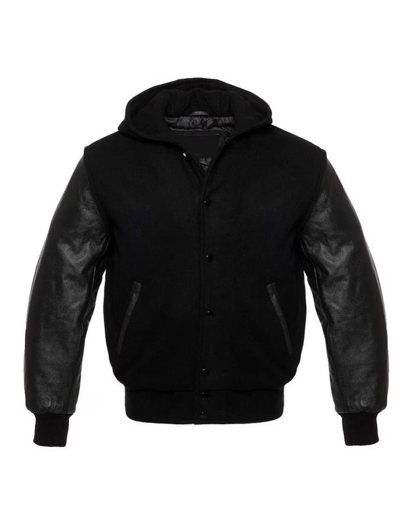 Hoodie Varsity Jacket - Black Wool with Black Leather Sleeves - Men's Letterman Jacket