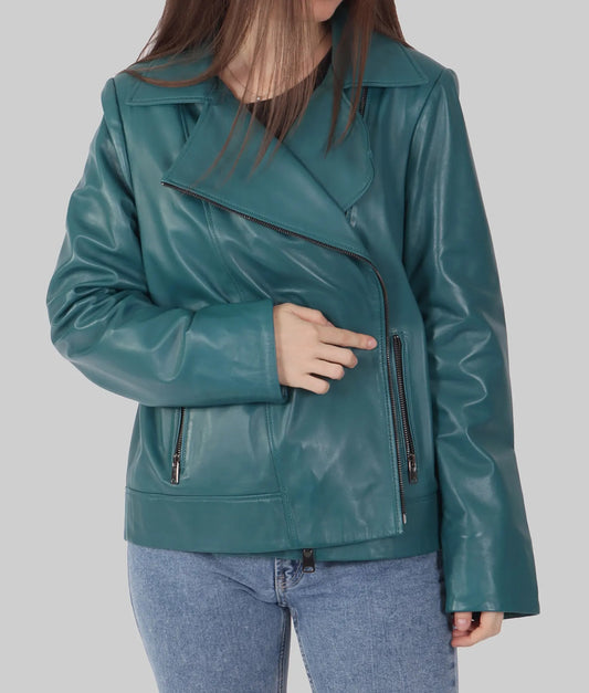 Women's Classic Blue Genuine Leather Biker Jacket