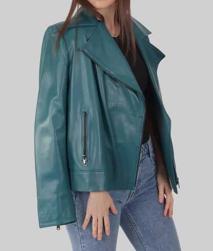 Women's Classic Blue Genuine Leather Biker Jacket