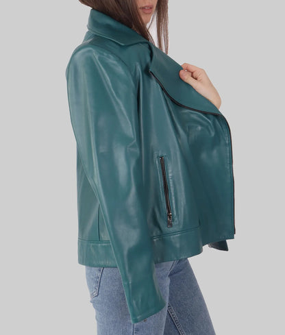 Women's Classic Blue Genuine Leather Biker Jacket