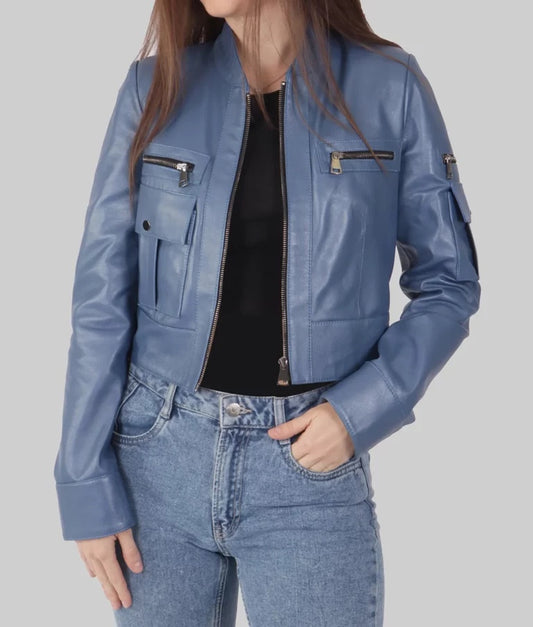 Women's Blue Genuine Leather Biker Jacket