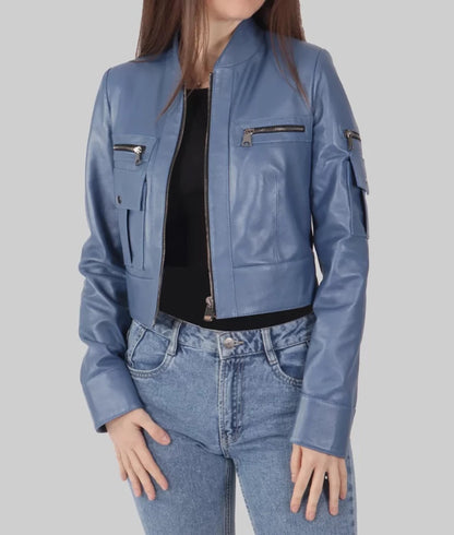 Women's Blue Genuine Leather Biker Jacket