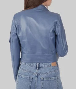 Women's Blue Genuine Leather Biker Jacket