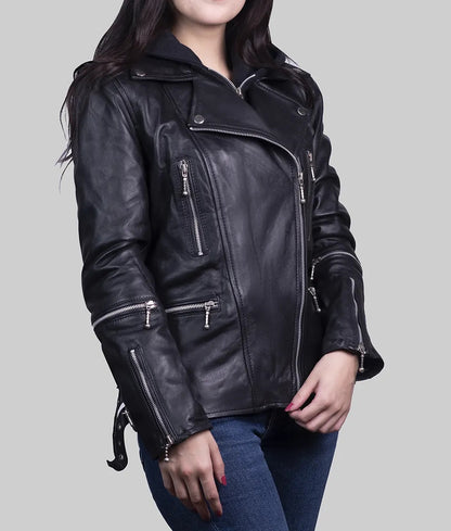 Women's Stylish Black Genuine Leather Biker Jacket