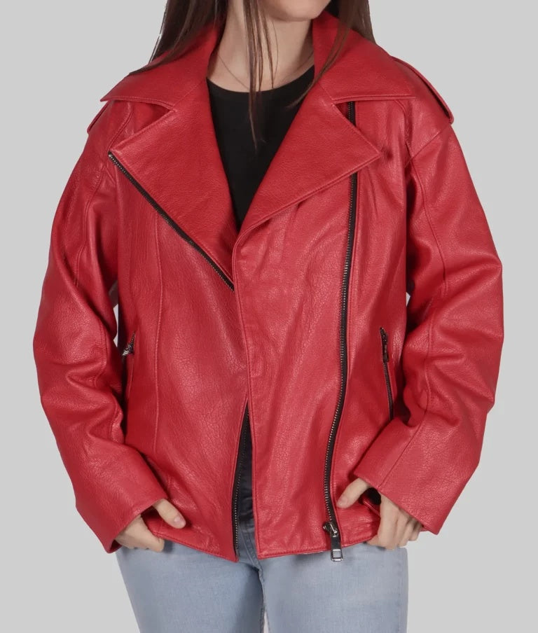 Women's Red Genuine Leather Biker Jacket