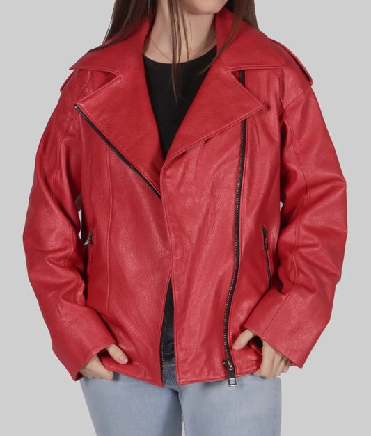 Women's Red Genuine Leather Biker Jacket