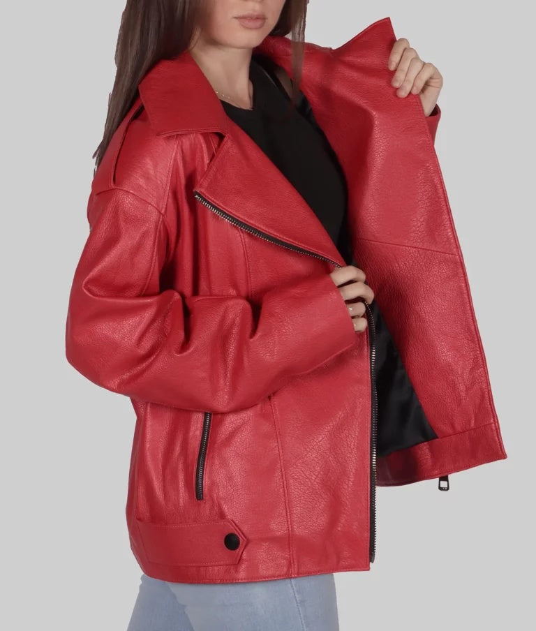 Women's Red Genuine Leather Biker Jacket