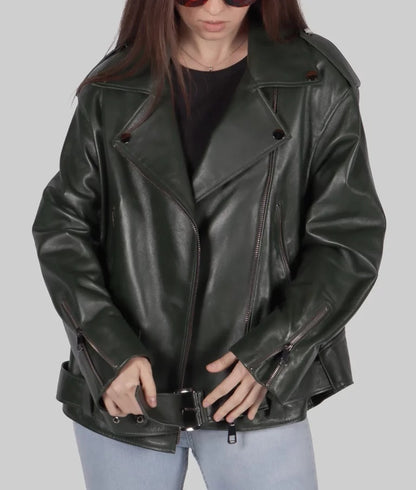 Women's Trendy Green Genuine Leather Biker Jacket