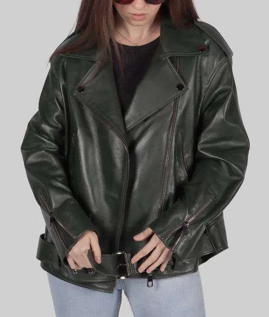Women's Trendy Green Genuine Leather Biker Jacket