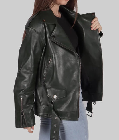 Women's Trendy Green Genuine Leather Biker Jacket