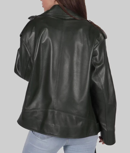 Women's Trendy Green Genuine Leather Biker Jacket