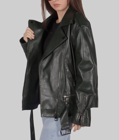 Women's Trendy Green Genuine Leather Biker Jacket