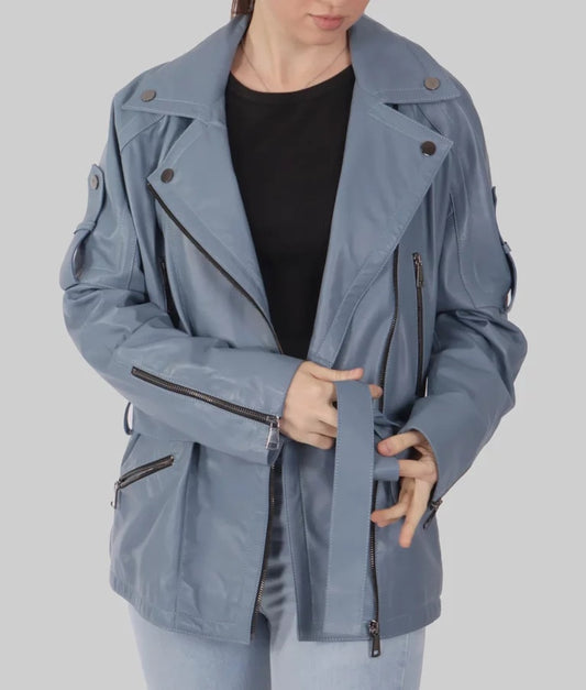 Women's Classy Blue Genuine Leather Biker Jacket