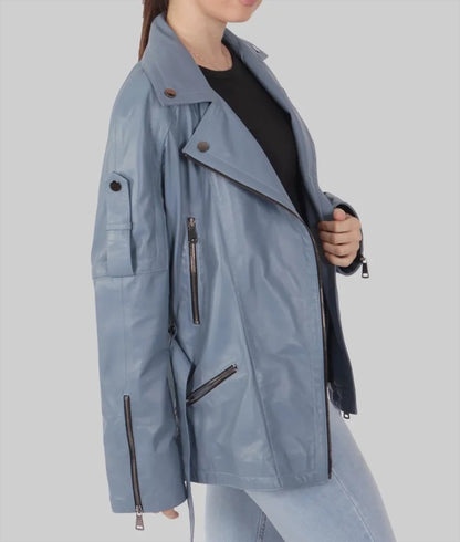 Women's Classy Blue Genuine Leather Biker Jacket