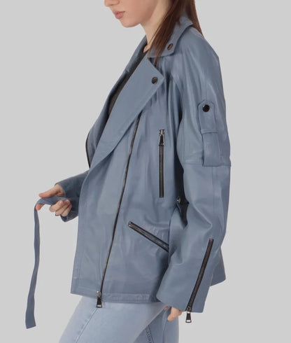 Women's Classy Blue Genuine Leather Biker Jacket