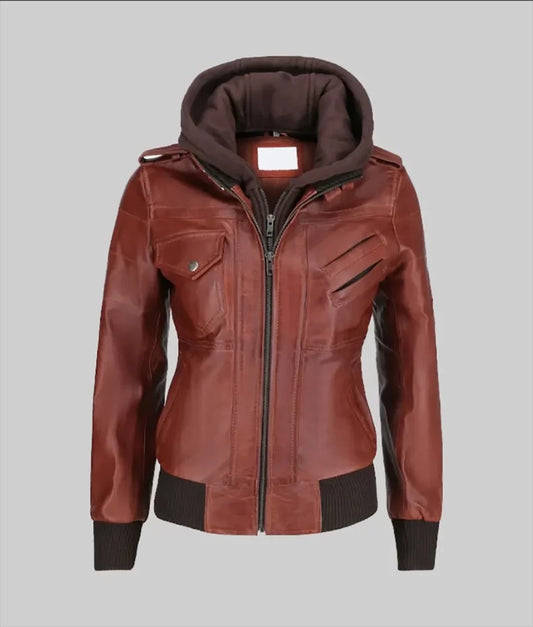Women’s Stylish Brown Genuine Leather Bomber Jacket with Removable Hoodie