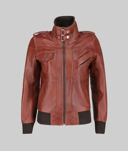 Women’s Stylish Brown Genuine Leather Bomber Jacket with Removable Hoodie