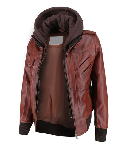Women’s Stylish Brown Genuine Leather Bomber Jacket with Removable Hoodie