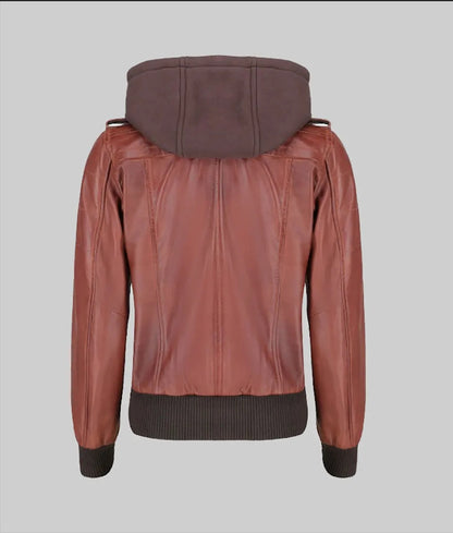 Women’s Stylish Brown Genuine Leather Bomber Jacket with Removable Hoodie