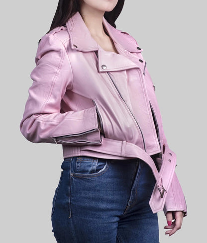 Women's Pink Genuine Leather Biker Jacket