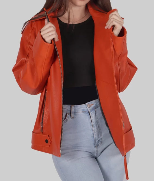 Women's Red Genuine Leather Biker Jacket