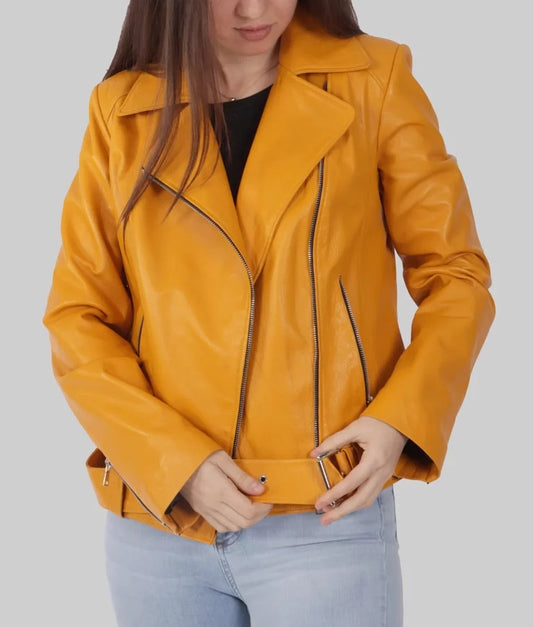 Women's Yellow Genuine Leather Biker Jacket